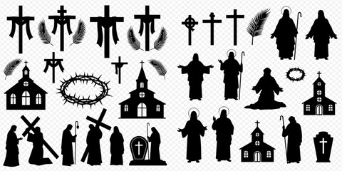 Fototapeta premium Christianity symbols and religious icons set, including crosses, churches, Jesus, and other spiritual elements.