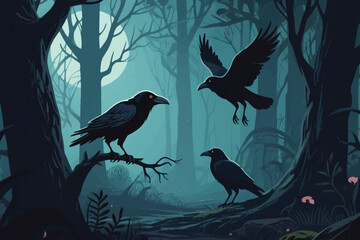 Obraz premium A Flock of Crows in the Scary Forest Illustration Creative Design Template 