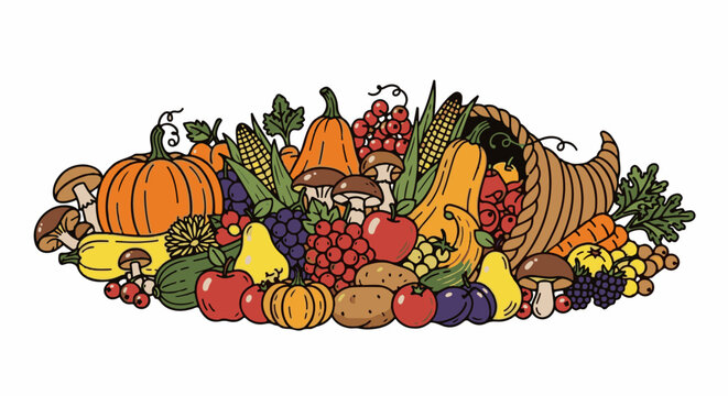 Abundant harvest of colorful fruits and vegetables overflowing from a horn of plenty