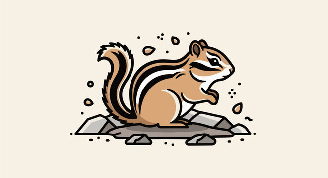 Adorable cartoon chipmunk with striped fur sitting on rocks, surrounded by scattered seeds