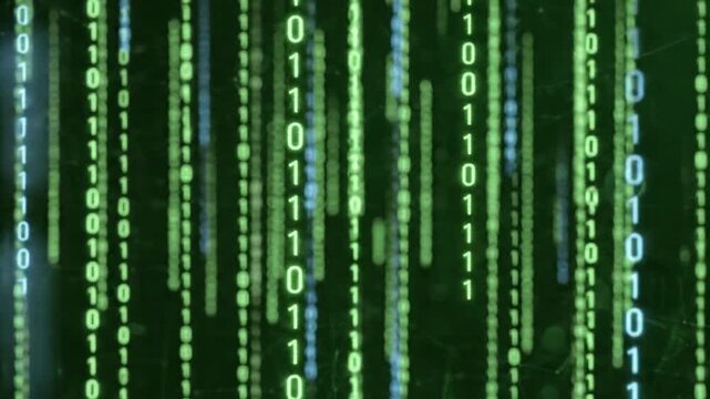 8K AI Data Background with Binary Code Rain and Cinematic Bokeh