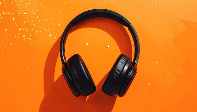 Black over-ear headphones on orange background, modern audio design and vibrant lifestyle theme