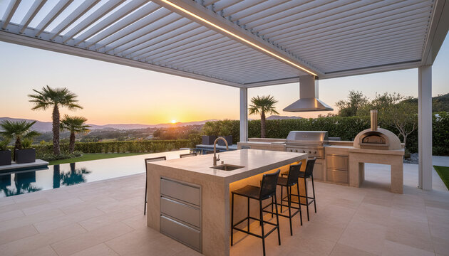 Luxury outdoor kitchen patio with travertine island under modern bioclimatic pergola