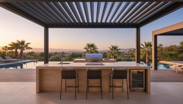 Luxury outdoor kitchen patio with travertine island under modern bioclimatic pergola