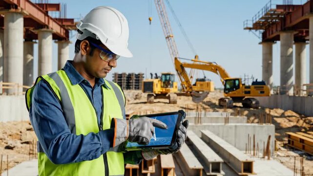 Male Engineer Reviewing 3D Model of Telecommunications Tower on Tablet
