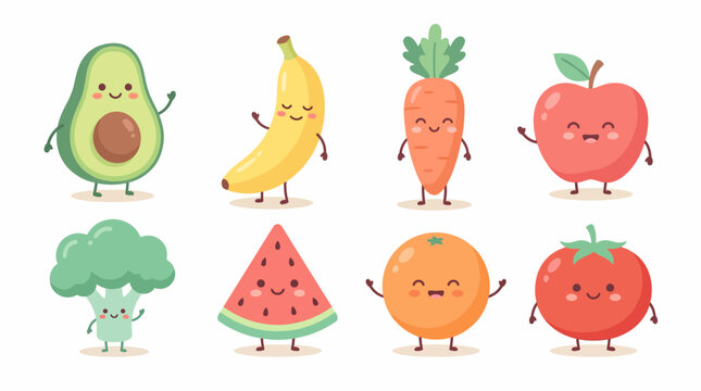 Cute Cartoon Fruit and Veggie Collection Kawaii Style Healthy Lifestyle