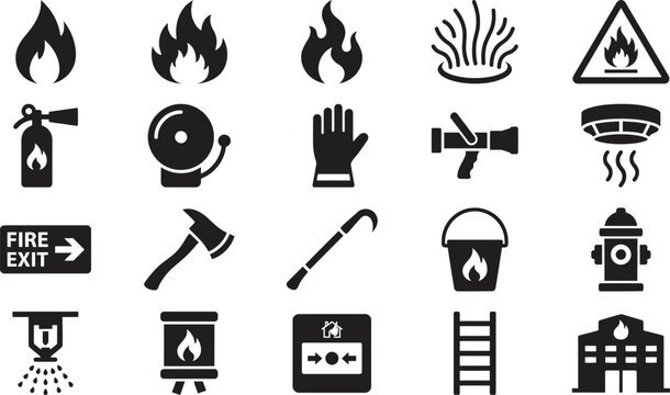 fire safety icons set including signs and tools