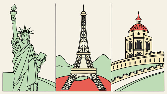Landmarks featuring the Statue of Liberty, Eiffel Tower, and a historic dome are presented in a triptych architectural design.