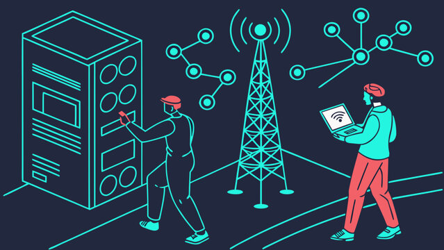 Technicians manage a server rack and network tower within a stylized digital infrastructure workspace.