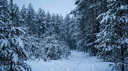 A serene winter landscape with a snow-covered path through a forest © Arqam