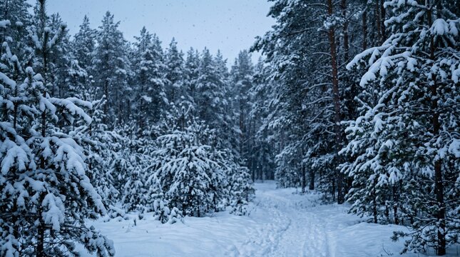A serene winter landscape with a snow-covered path through a forest