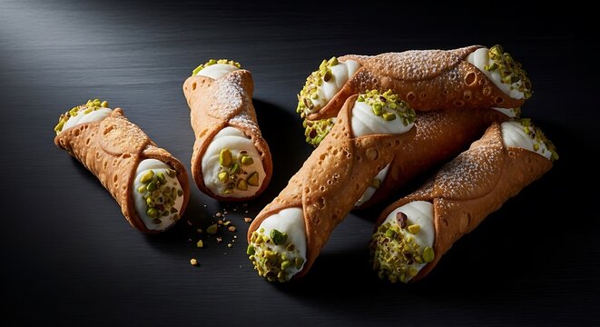Cannoli shells filled with ricotta cream and pistachios, one broken in half, studio light, dark wood background.