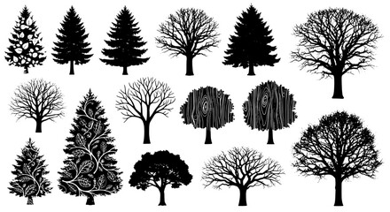 Fototapeta premium Trees set with various styles and shapes in black and white featuring nature, forest, illustration with design and vector elements for art, plants