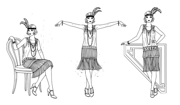 1920s flapper girls vector set black and white ink style illustration
