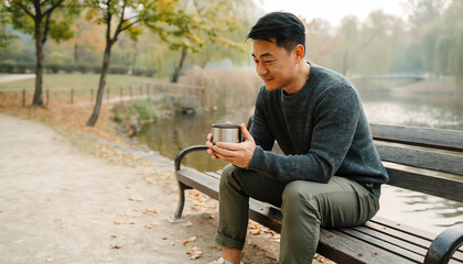 Obraz premium A man sits on a park bench by a pond, enjoying a warm drink on a cool autumn day.