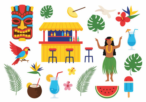 Hawaiian Luau Party Elements and Tropical Tiki Beach Bar Illustration