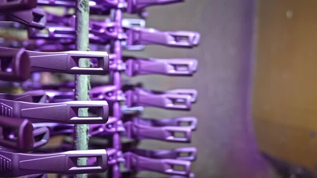 Close-up of pot handle components produced on an automated line inside a metal factory, showing precision manufacturing, durable materials, and industrial production process for cookware parts