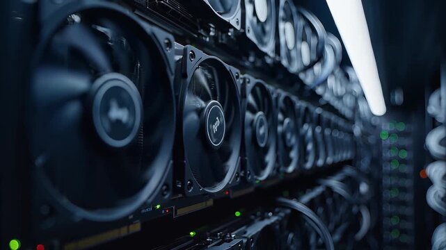 Row of cooling fans on graphics cards in a cryptocurrency mining rig data center