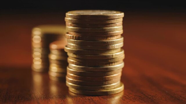 Stack of Gold Coins Growing Tall on Wooden Table Surface with Soft Bokeh Background and Warm Golden Lighting for Wealth Finance Savings Investment Concept and Economic Growth Success