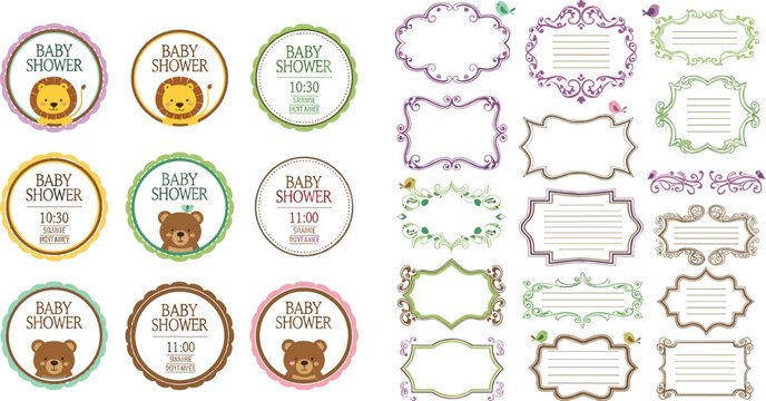 Baby Shower Invitation Badge and Decorative Frame Set Featuring Cute Lion and Bear Characters with Elegant Vintage Border Labels for Greeting Cards