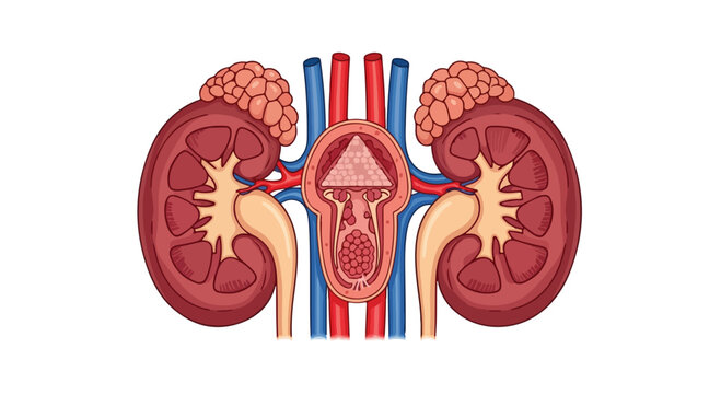 Detailed anatomical illustration of human kidneys with adrenal glands and ureters, showing internal structure and blood