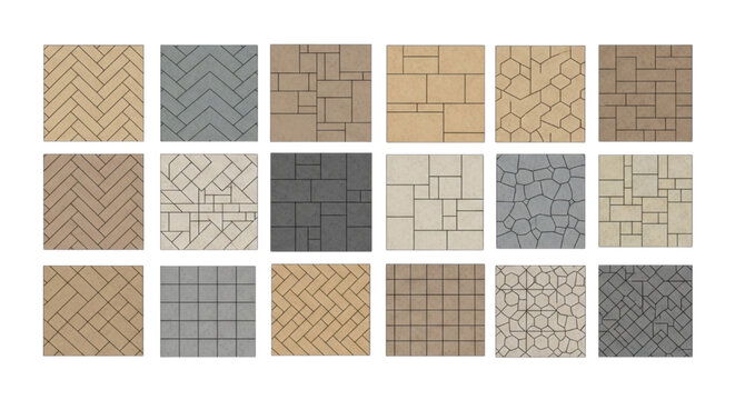 Varied vector patterns for tiles and paving in CAD software. Ideal for architectural and landscape design, offering diverse surface textures and arrangements for modern floor plans