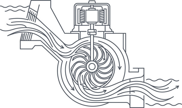 Technical schematic diagram showing the internal mechanics and fluid flow path of a centrifugal pump used in industrial water systems
