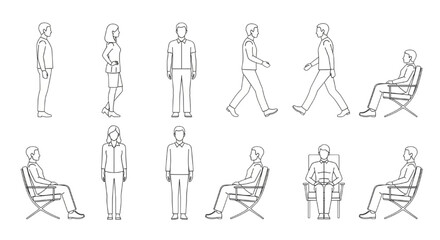 Versatile CAD vector collection depicting diverse human figures in various poses for architectural plans, landscape designs, and interior project blueprints © akila