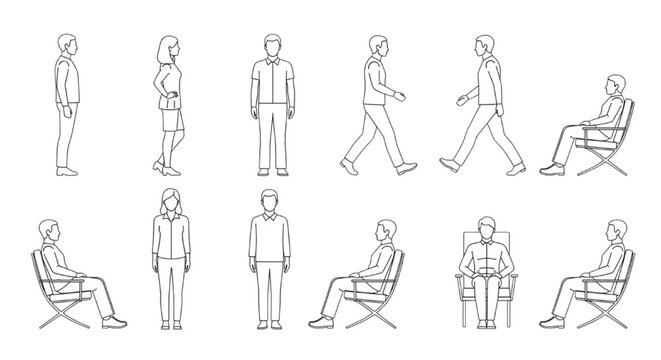 Versatile CAD vector collection depicting diverse human figures in various poses for architectural plans, landscape designs, and interior project blueprints
