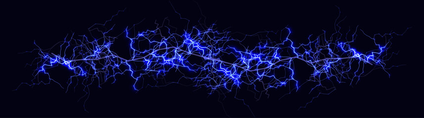 Obraz na płótnie Canvas Electric lightning energy line, blue neon plasma sparks, high voltage abstract background Lightning effects for game VFX, sci-fi tech banners, wallpapers, headers. Vector illustration