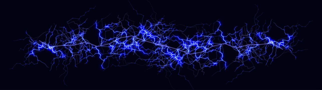 Electric lightning energy line, blue neon plasma sparks, high voltage abstract background Lightning effects for game VFX, sci-fi tech banners, wallpapers, headers. Vector illustration