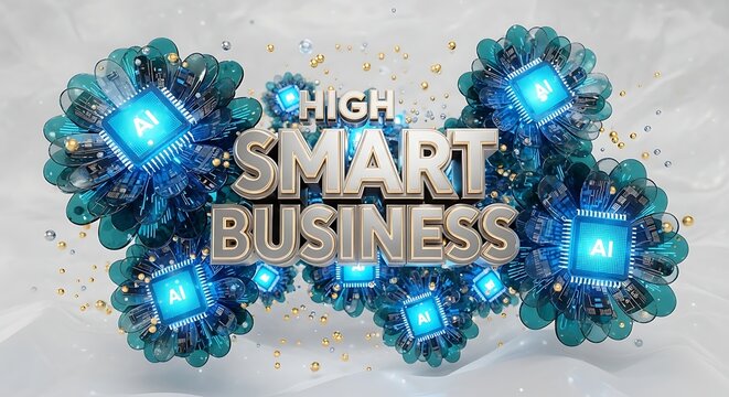 A futuristic digital illustration of a high-tech smart business concept with AI and microchips