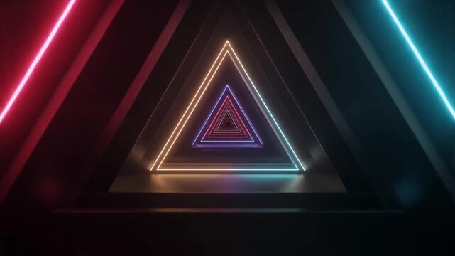 Abstract geometric tunnel with colorful neon triangles on a dark background