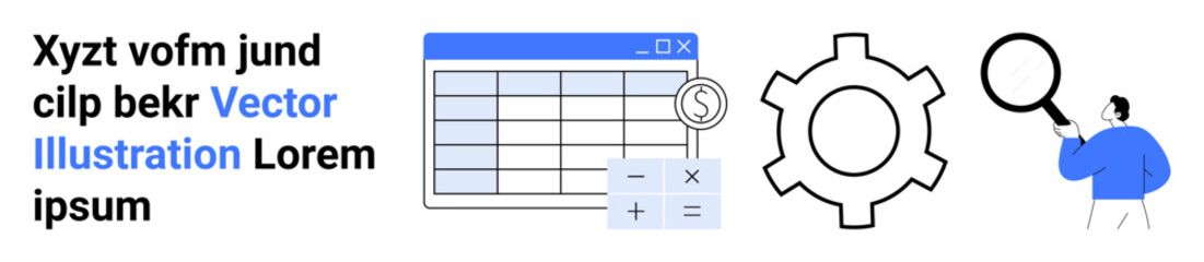 Obraz na płótnie Canvas Spreadsheet with calculator, gear, and magnifying glass symbolizing data management, optimization, and analysis. Ideal for business, technology, efficiency, research solutions and simple landing