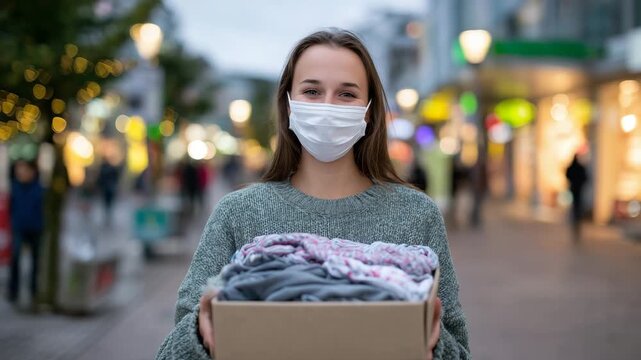 Wide-angle shot of a female volunteer holding a charity box, bundled clothing visible inside, urban street with pedestrians and storefronts softly blurred in background, mask on fa