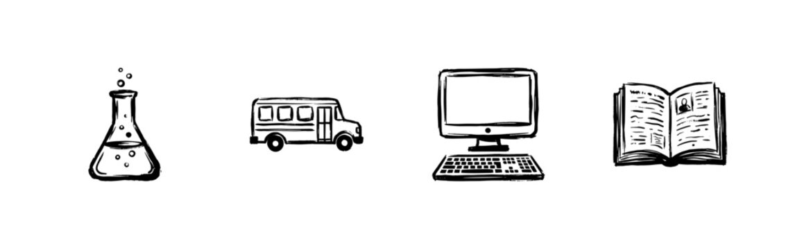 School Education and Science Learning Elements with Hand-Drawn Inky Brush Strokes and Sketchy Doodle Style