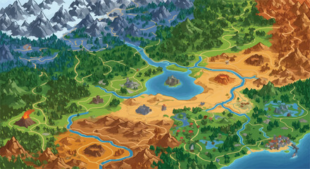 Fantasy game world map vector, isometric RPG adventure landscape with diverse biomes, colorful strategy game map with mountains forests and desert terrain © 爱心binragh
