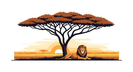 lat style illustration of lion resting under acacia tree in African savanna with warm sunset sky, representing wildlife beauty, nature, and safari adventure theme © Amie