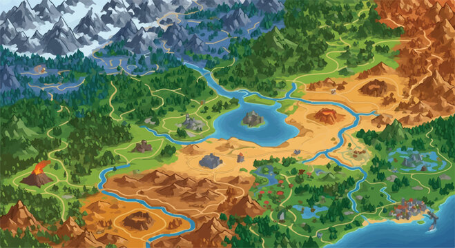 Fantasy game world map vector, isometric RPG adventure landscape with diverse biomes, colorful strategy game map with mountains forests and desert terrain