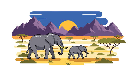 Flat style illustration of elephant family walking across dry savanna with mountains and sunset sky, symbolizing wildlife, nature connection, and safari travel experience © Amie