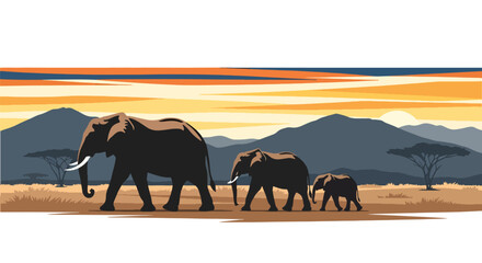 Flat style illustration of elephant family walking across dry savanna with mountains and sunset sky, symbolizing wildlife, nature connection, and safari travel experience © Amie