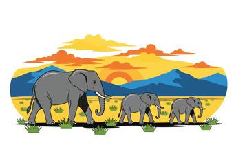 Flat style illustration of elephant family walking across dry savanna with mountains and sunset sky, symbolizing wildlife, nature connection, and safari travel experience © Amie