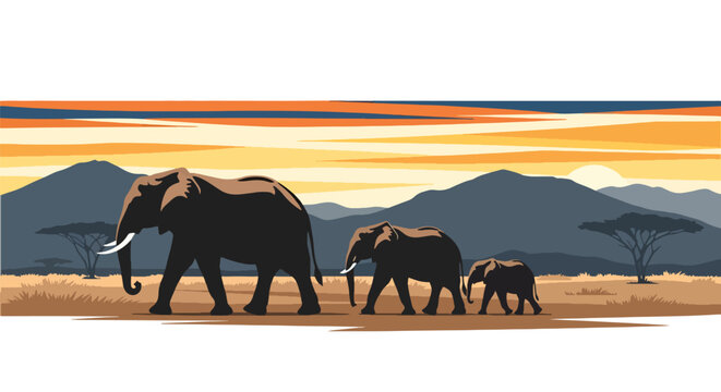 Flat style illustration of elephant family walking across dry savanna with mountains and sunset sky, symbolizing wildlife, nature connection, and safari travel experience