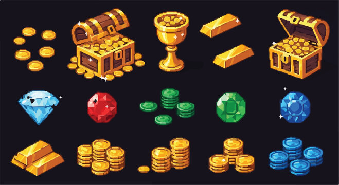 Pixel art game treasure icons set, retro 8-bit style gold coins and treasure chests with gems, fantasy RPG loot assets with gold bars and jewelry on black
