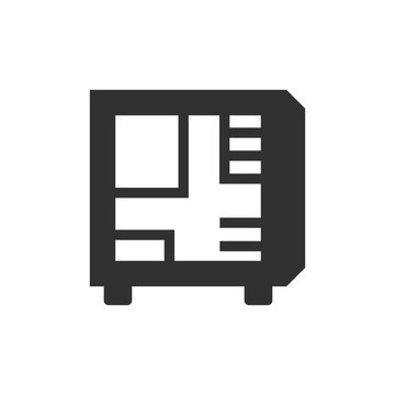Computer case tower icon. Desktop system unit and hardware enclosure. Monochrome black and white symbol