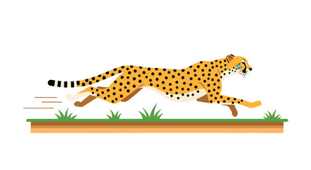 Flat style illustration of cheetah running across savanna with dynamic motion and grassland background, symbolizing speed, power, and wild safari adventure © Amie