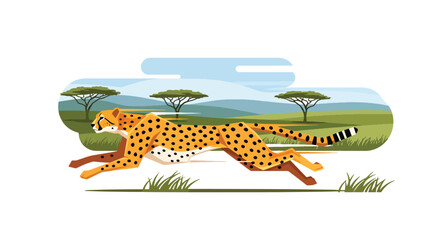 Flat style illustration of cheetah running across savanna with dynamic motion and grassland background, symbolizing speed, power, and wild safari adventure © Amie