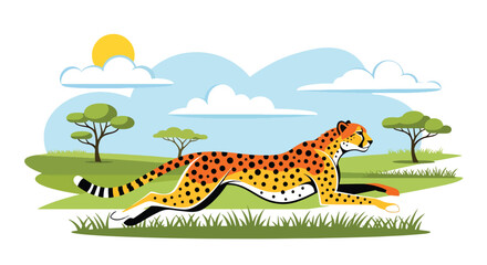 Flat style illustration of cheetah running across savanna with dynamic motion and grassland background, symbolizing speed, power, and wild safari adventure © Amie