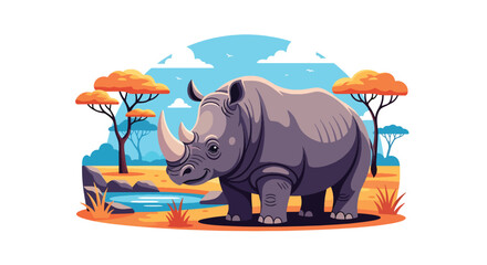 Flat style illustration of rhino standing near watering hole with trees and sky, representing endangered wildlife, nature, and safari conservation awareness © Amie