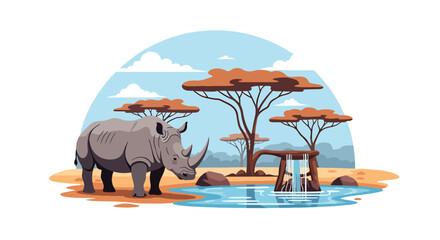 Flat style illustration of rhino standing near watering hole with trees and sky, representing endangered wildlife, nature, and safari conservation awareness © Amie